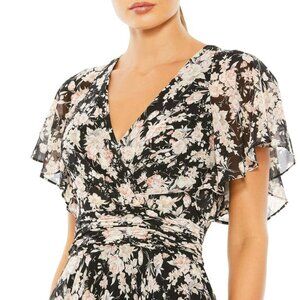 Ieena Mac Duggal Black Floral Flutter Sleeve Gown